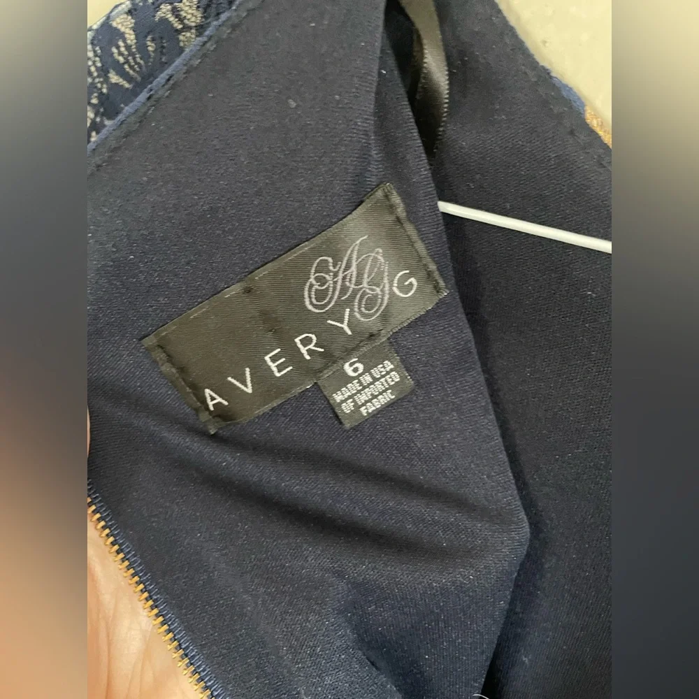 WORN on TV Navy and Gold Lace Dress AVERY G